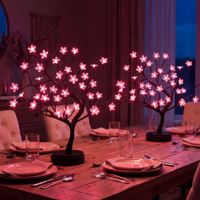 Tabletop Cherry Blossom Tree Lamp – Pink Flower Lights on Curved Branches