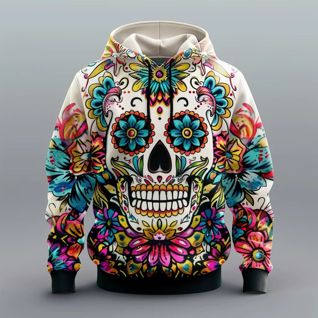 Floral Skull Hoodie – Full-Print Graphic Pullover with Midweight Comfort