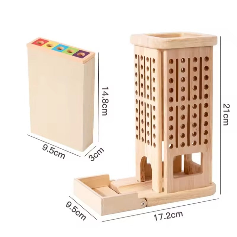 Wooden Stacking Tower Game – Montessori-Inspired Educational Toy with Colored Sticks and Dice
