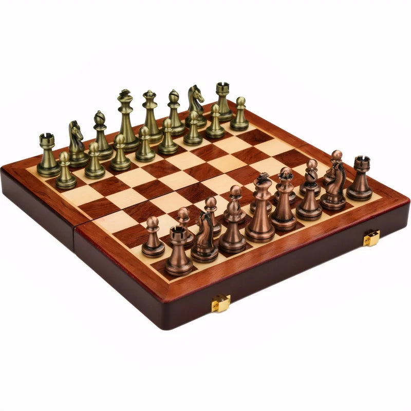 Jeu d’Échecs de Luxe – Pièces en Bronze Ancien avec Plateau Pliable en Bois Massif
