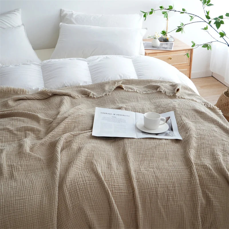 Checkered Cotton Throw Blanket with Jacquard Weave, Fringe Detailing and Timeless Soft Comfort