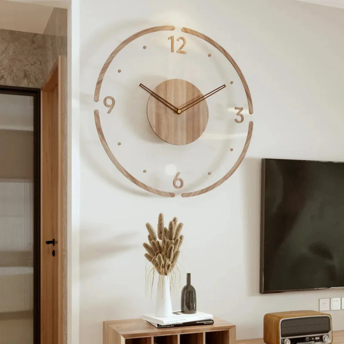Skandinavische Wanduhr 30 cm aus Buchenholz und Glas, geräuschloses Quarzwerk 0