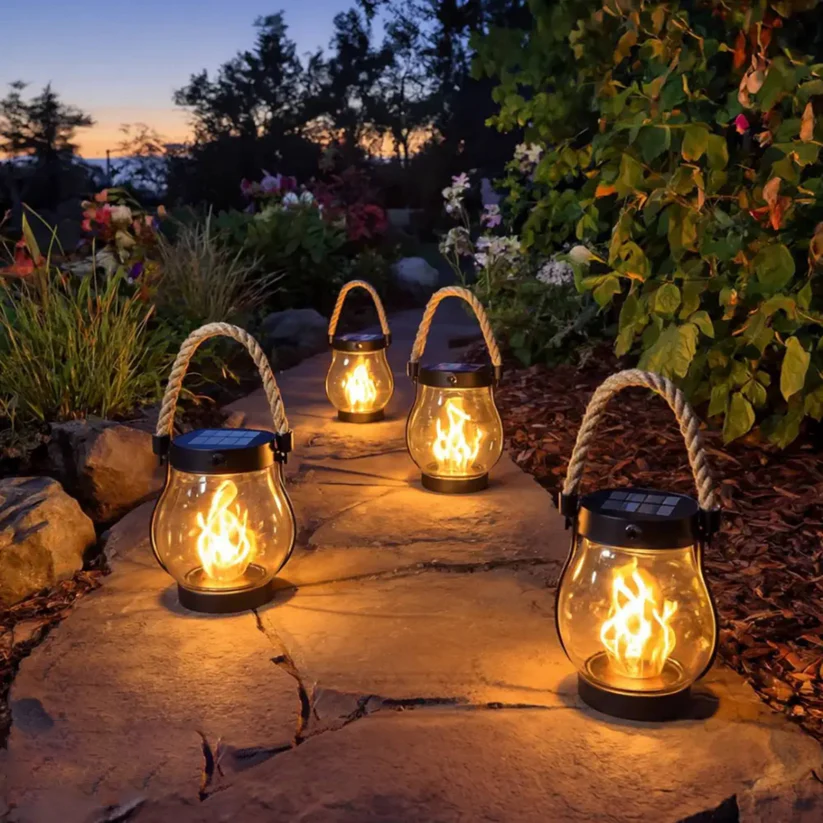 Solar Flame Lantern with Flickering LED Light and Weather-Resistant Design for Outdoor Use 0
