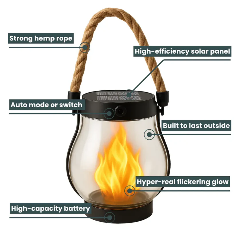 Solar Flame Lantern with Flickering LED Light and Weather-Resistant Design for Outdoor Use 3