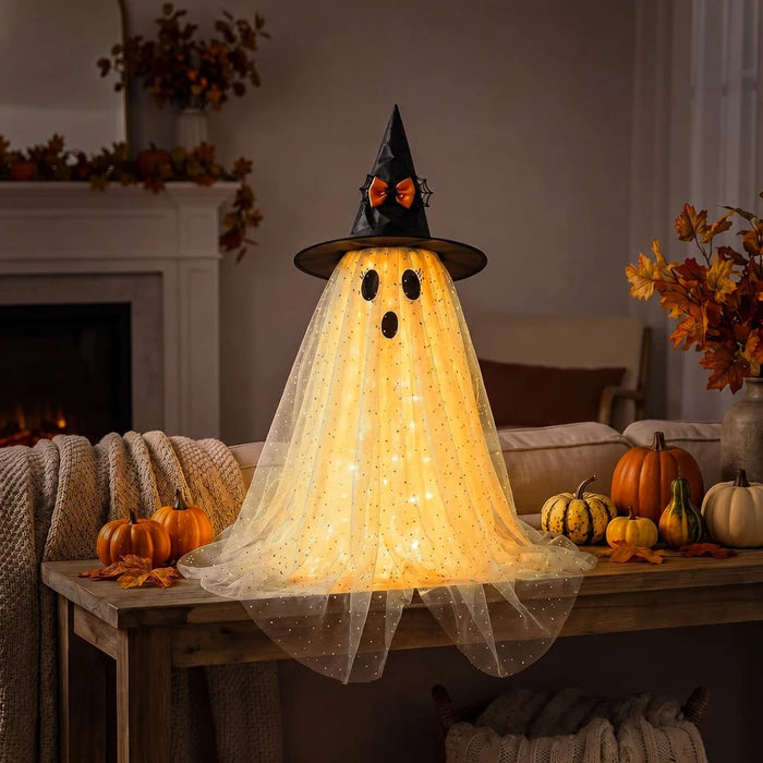 Lighted Halloween Ghost – Sparkly Tulle Ghost Figure in a Witch Hat