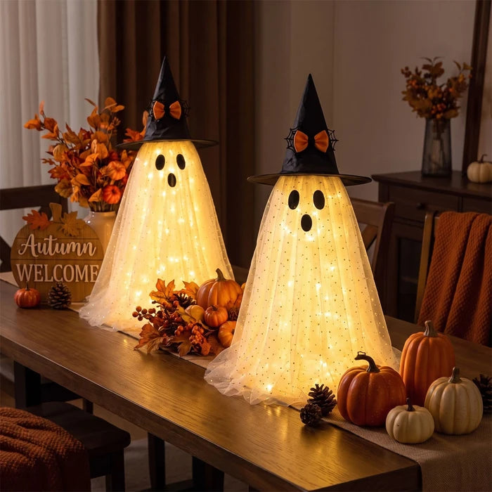 Lighted Halloween Ghost – Sparkly Tulle Ghost Figure in a Witch Hat