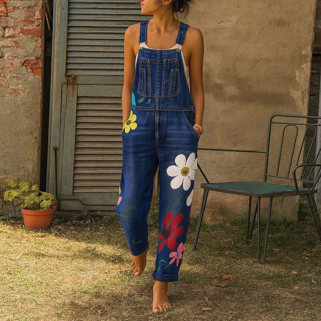 Stylish Denim Jumpsuit for Women with Floral Pattern, Cotton, Zip Closure 1
