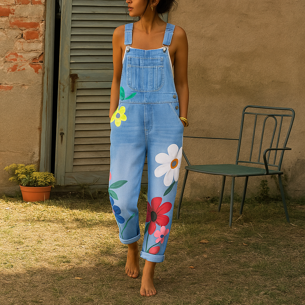 Stylish Denim Jumpsuit for Women with Floral Pattern, Cotton, Zip Closure 2