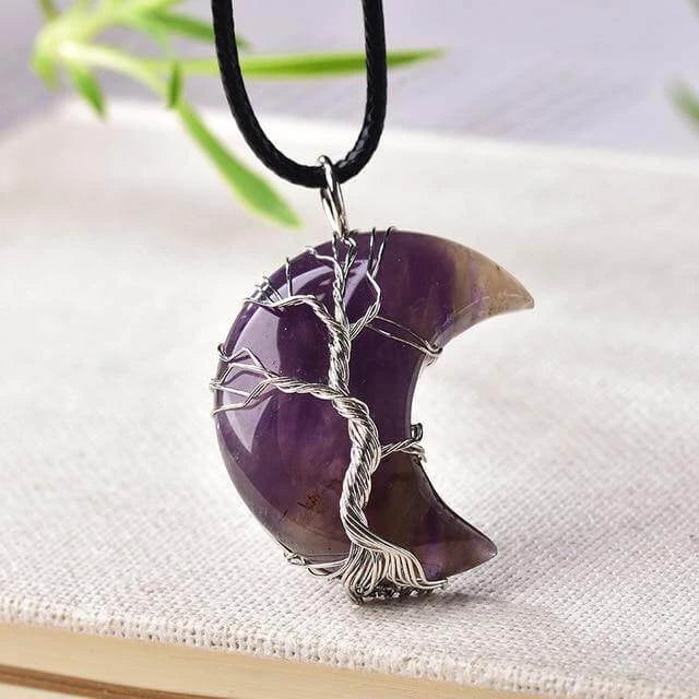 Crescent Moon Crystal Necklace – Tree of Life Pendant with Wire-Wrapped Stones