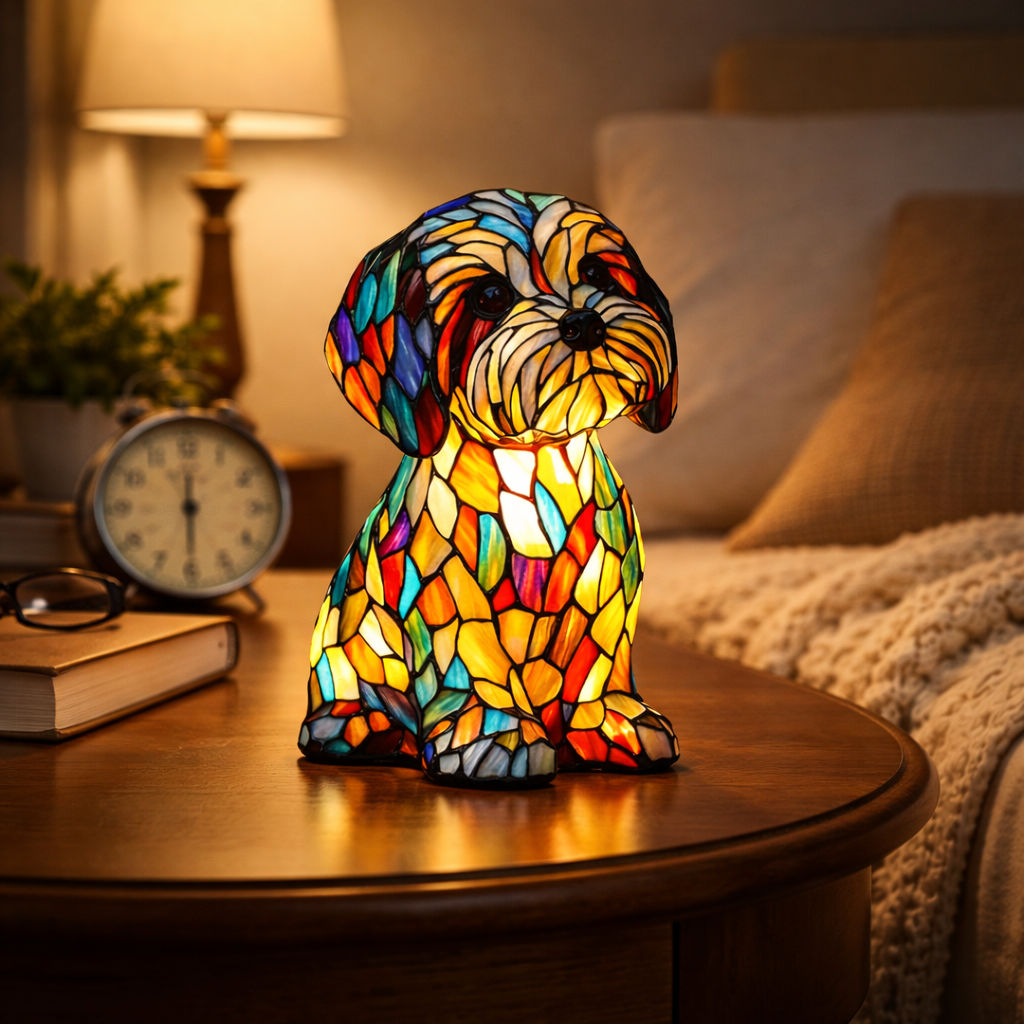 Table Lamp Stained Glass Dog LED Night Light Resin Decor 2
