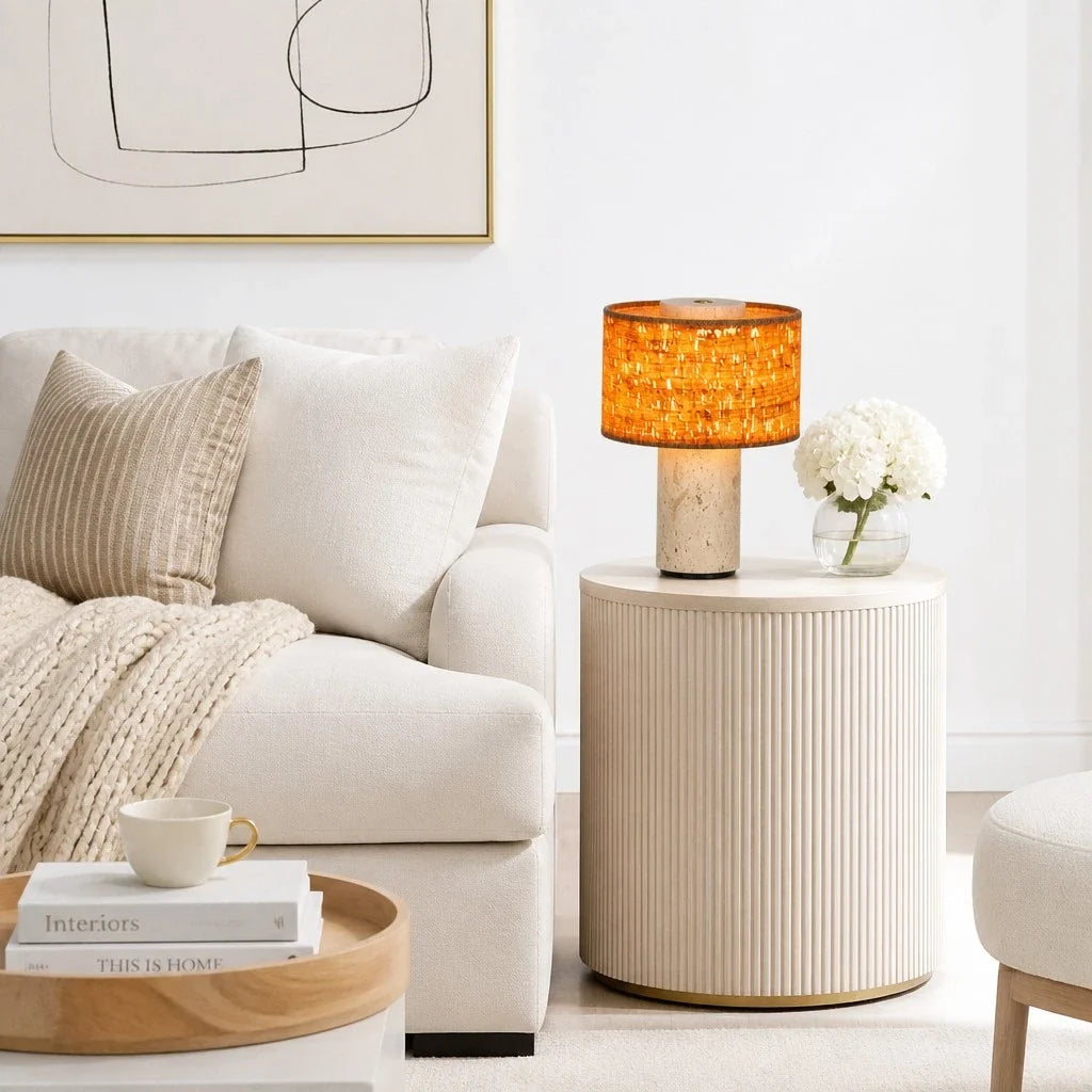 Teleri Wabi-Sabi Cylinder Travertine Fabric Table Light 8