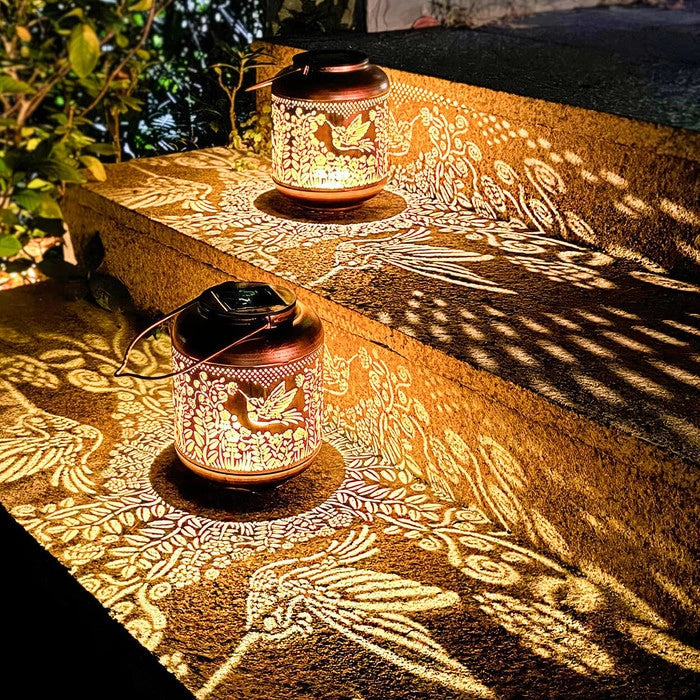 Hummingbird Garden Lantern – Warm Glow with Birds-in-Flight Silhouettes