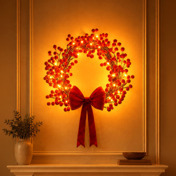 Lighted Holly Berry Wreath – Red Berries with Warm Fairy Lights for Door or Wall