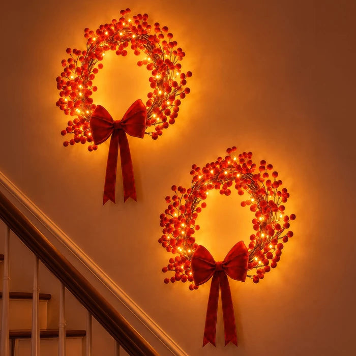 Lighted Holly Berry Wreath – Red Berries with Warm Fairy Lights for Door or Wall