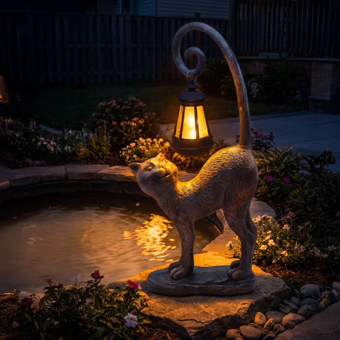 Cat Garden Statue With Solar Lantern – Outdoor Cat Figure That Glows at Night
