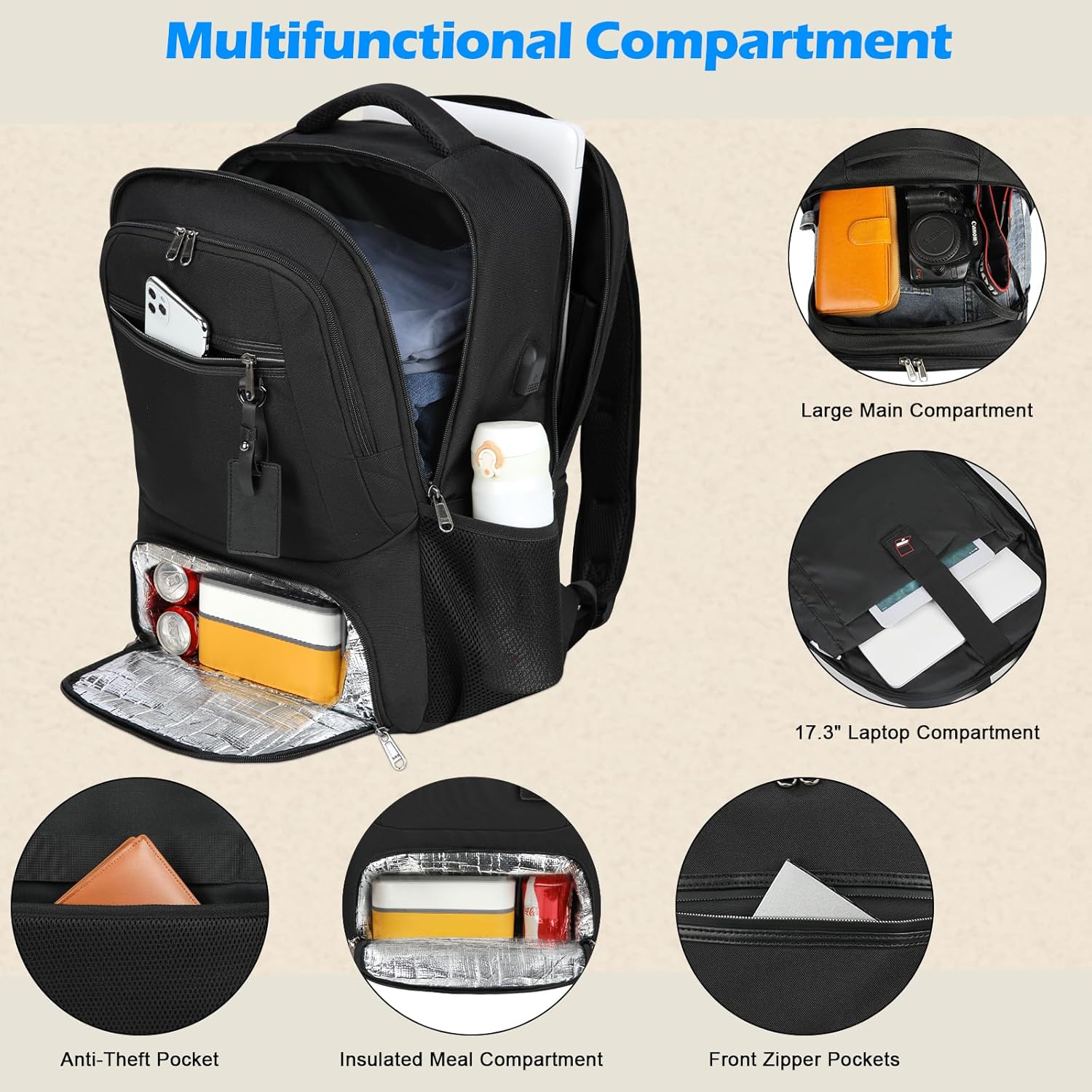 Waterproof Laptop & Lunch Backpack with USB Port – Multi-Compartment Travel Bag 8