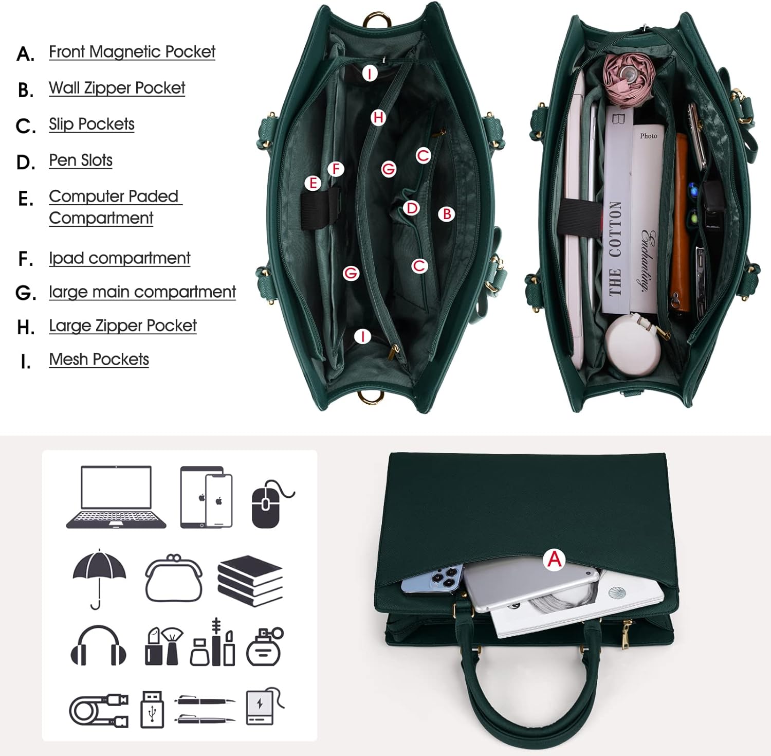 Waterproof PU Leather Laptop Tote Bag for Women, Multi-Pocket Design, Fits 15.6 Inch 3