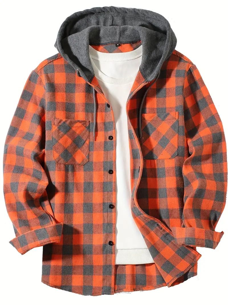 Hooded Flannel Shirt – Plaid Button-Front with Two Chest Pockets