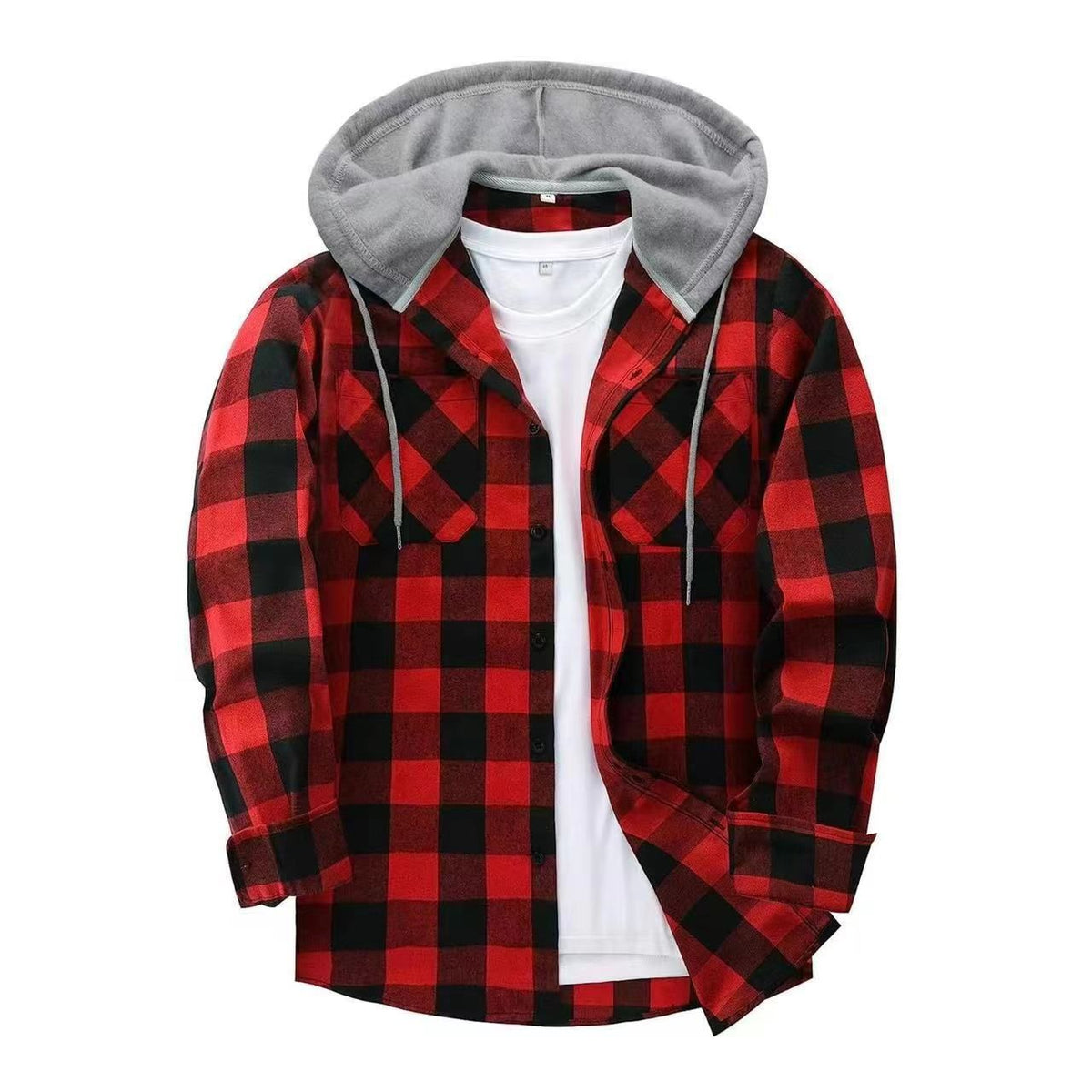 Hooded Flannel Shirt – Plaid Button-Front with Two Chest Pockets