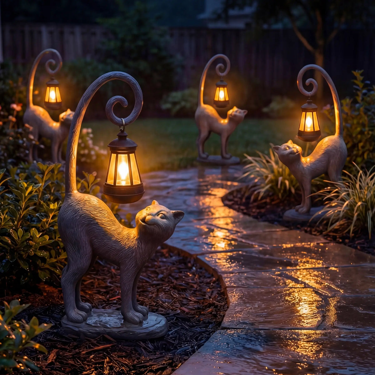 Cat Garden Statue With Solar Lantern – Outdoor Cat Figure That Glows at Night