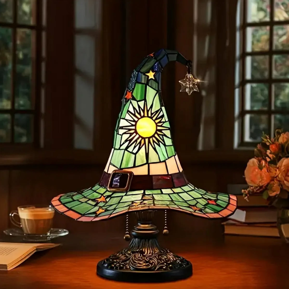 Witch Hat Accent Lamp Tiffany Style Decorative Table Lamp With Star and Sun Design 2