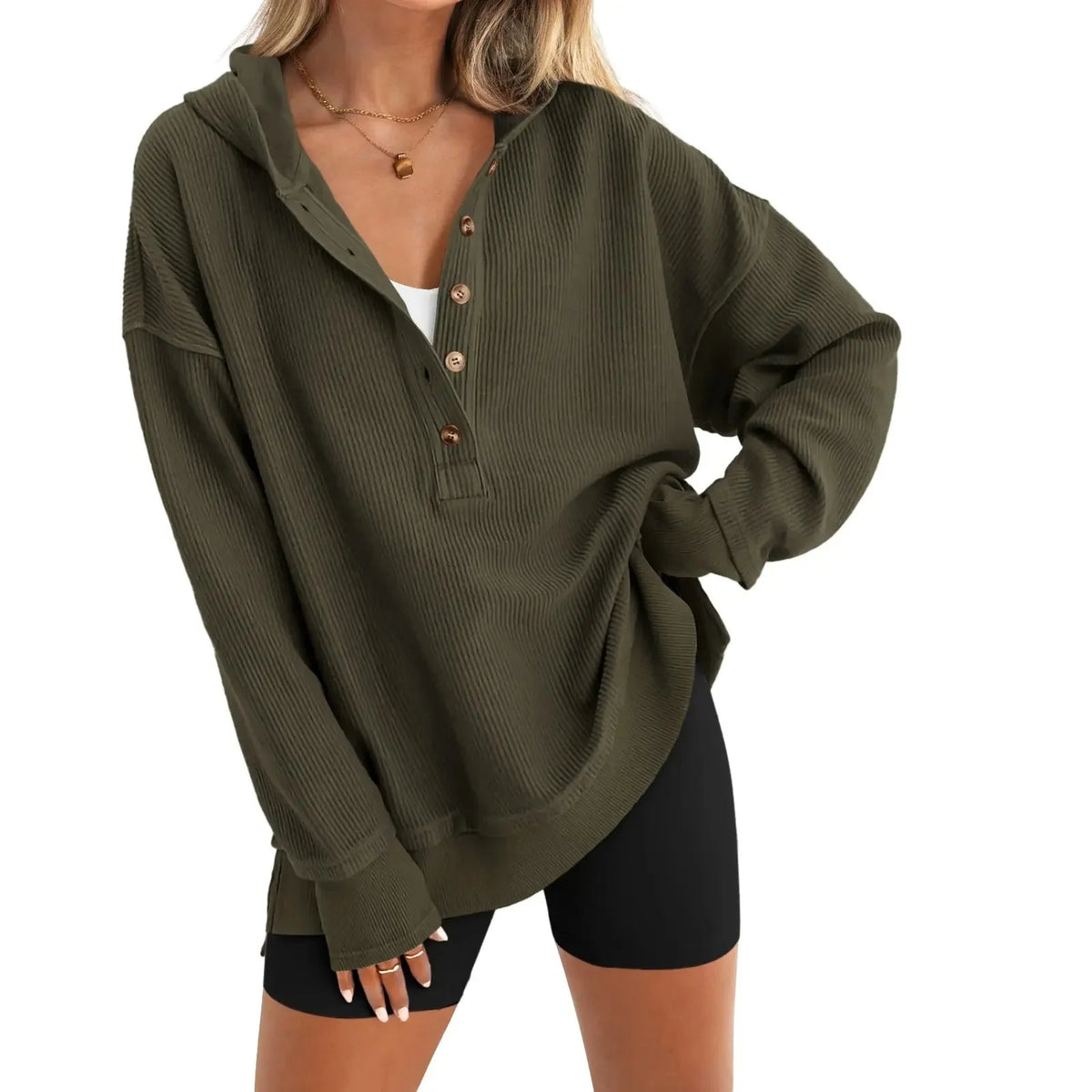 🎁Women’s Oversized V-Neck Hoodie – Relaxed Button Pullover with Side Slits 13