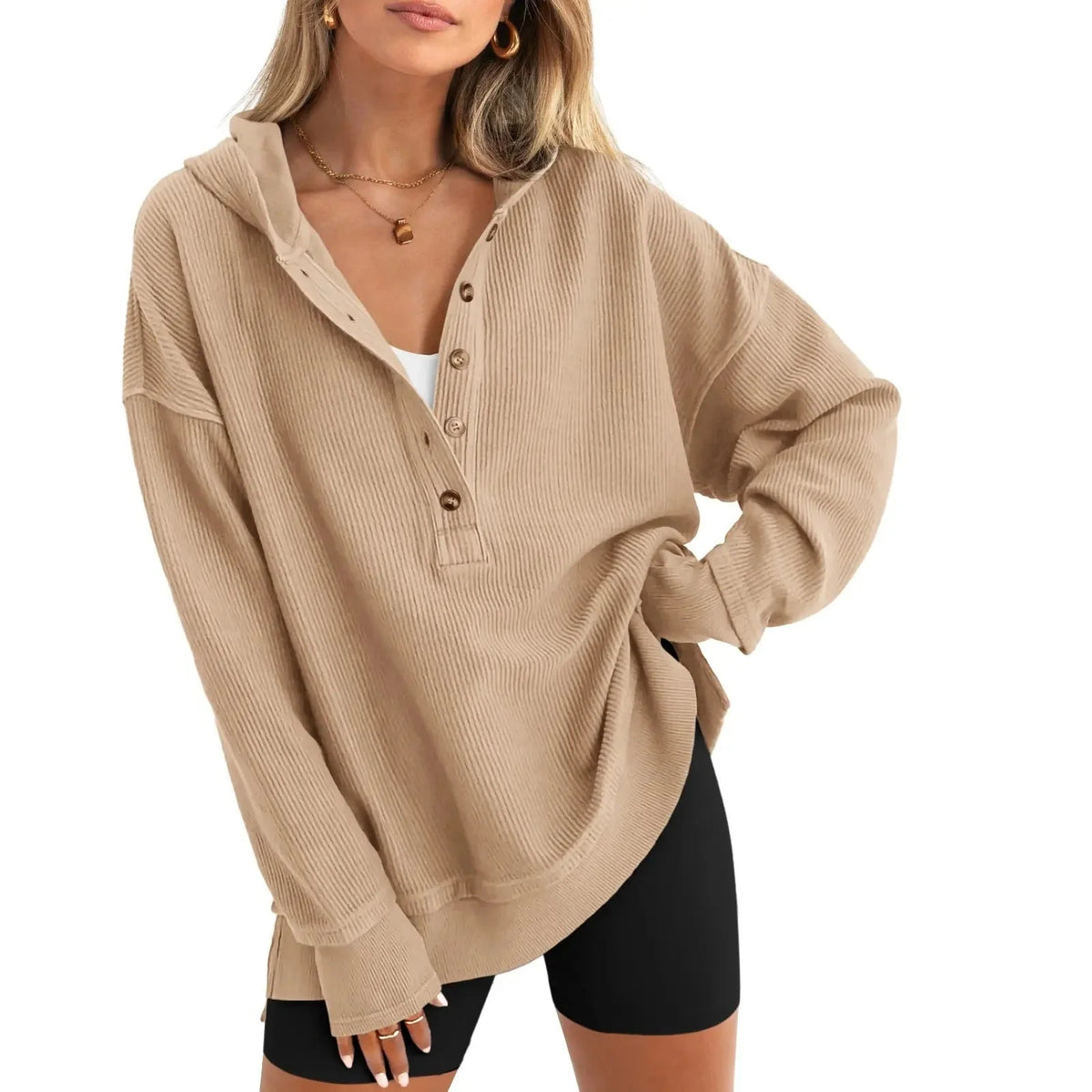 🎁Women’s Oversized V-Neck Hoodie – Relaxed Button Pullover with Side Slits 14