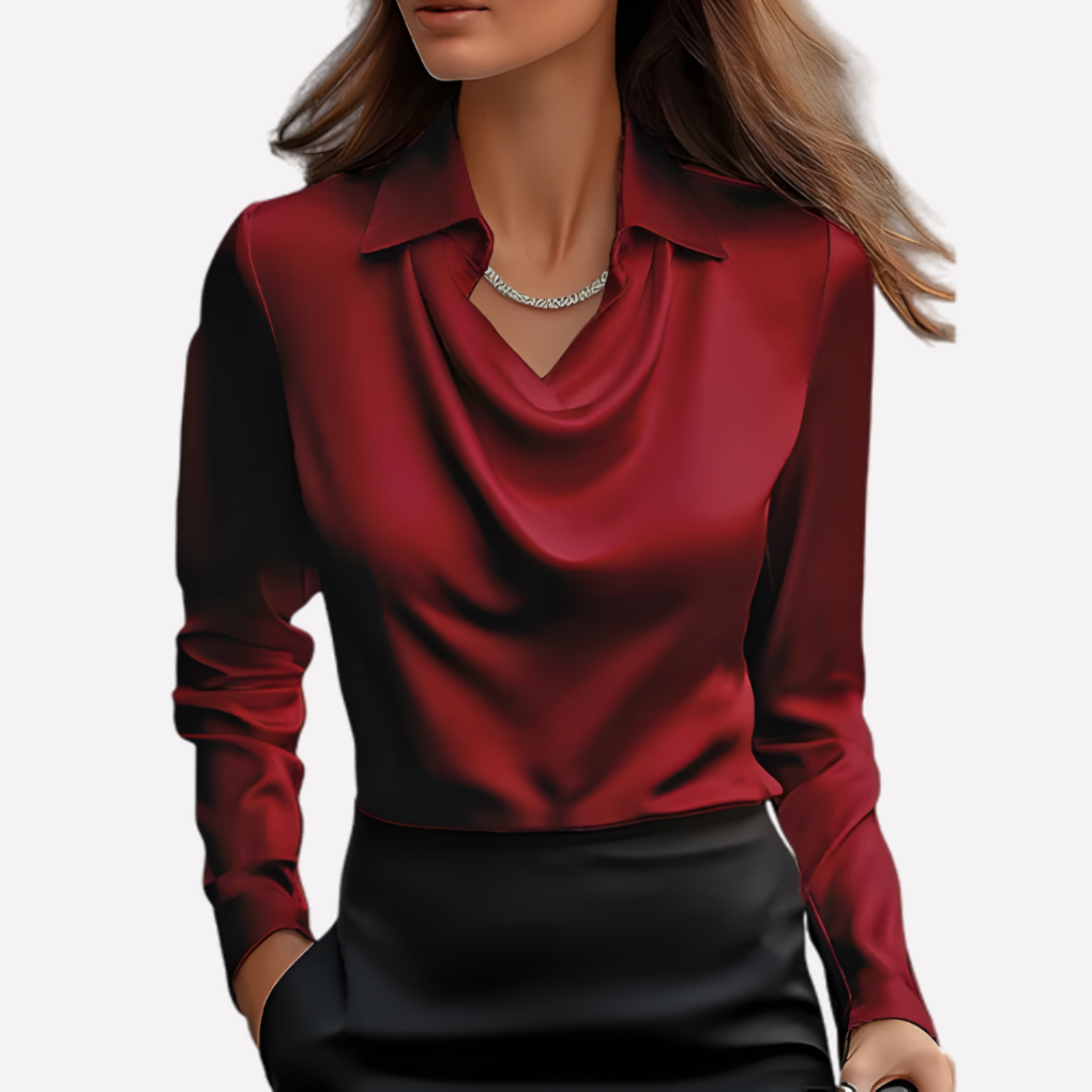Women's Satin Blouse with Elegant Draped Neck and Long Sleeves 3