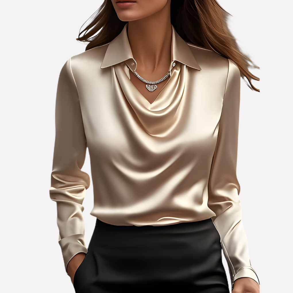 Women's Satin Blouse with Elegant Draped Neck and Long Sleeves 4