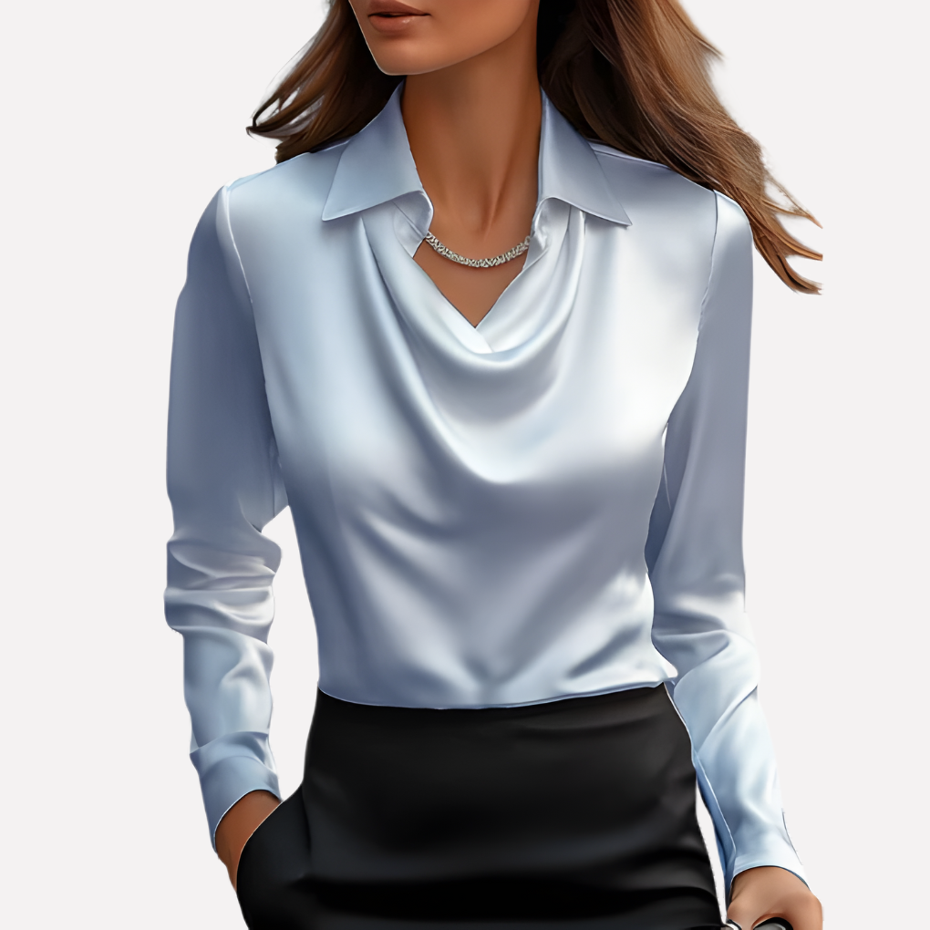 Women's Satin Blouse with Elegant Draped Neck and Long Sleeves 5