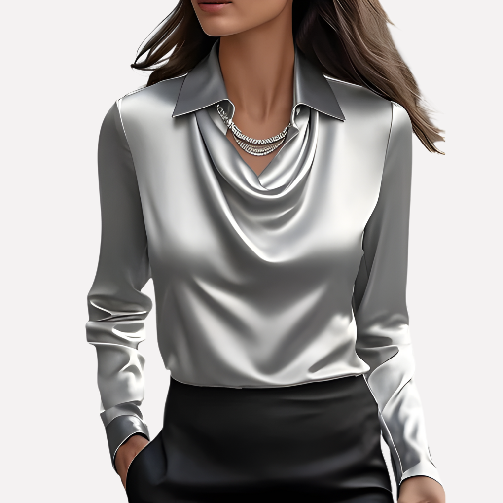 Women's Satin Blouse with Elegant Draped Neck and Long Sleeves 7