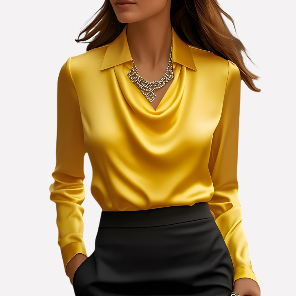 Women's Satin Blouse with Elegant Draped Neck and Long Sleeves 9