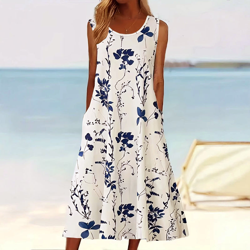 Women's Sleeveless Floral A-Line Midi Dress with Pockets for Summer 0
