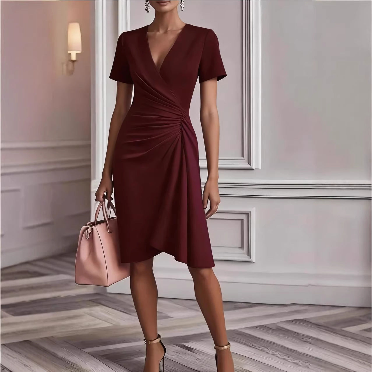 Women's Summer Midi Dress with V-Neckline, Draping, and Short Sleeves 4