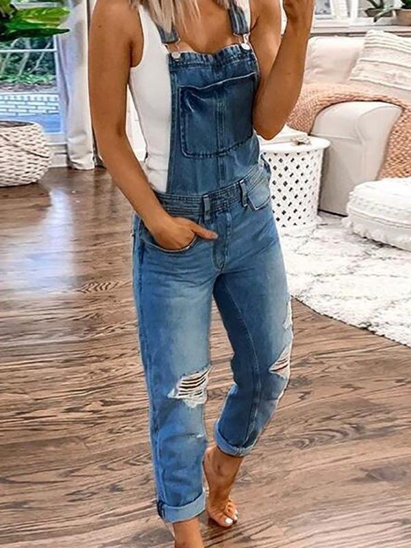 Womens Relaxed Fit Ripped Denim Overalls 1