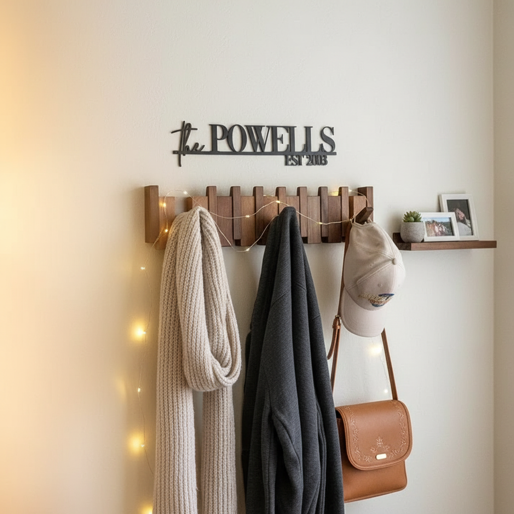Wooden Piano-Shaped Coat Rack Stand with Multiple Hooks for Wall Mounted Storage 1