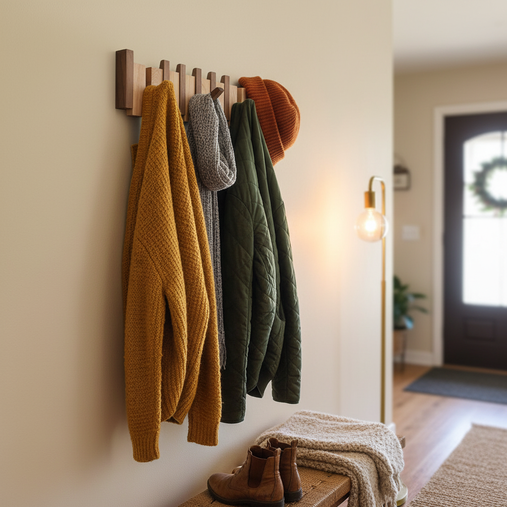 Wooden Piano-Shaped Coat Rack Stand with Multiple Hooks for Wall Mounted Storage 2