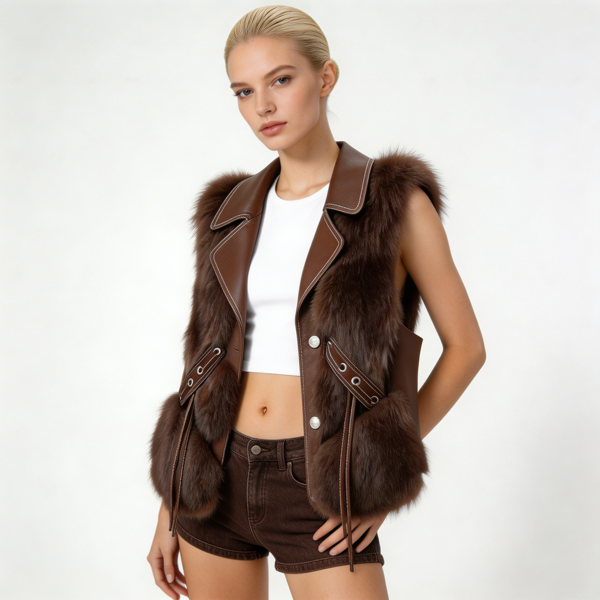 Faux Fur Vest – Elegant Winter Gilet with Oversized Collar and Waist Ties