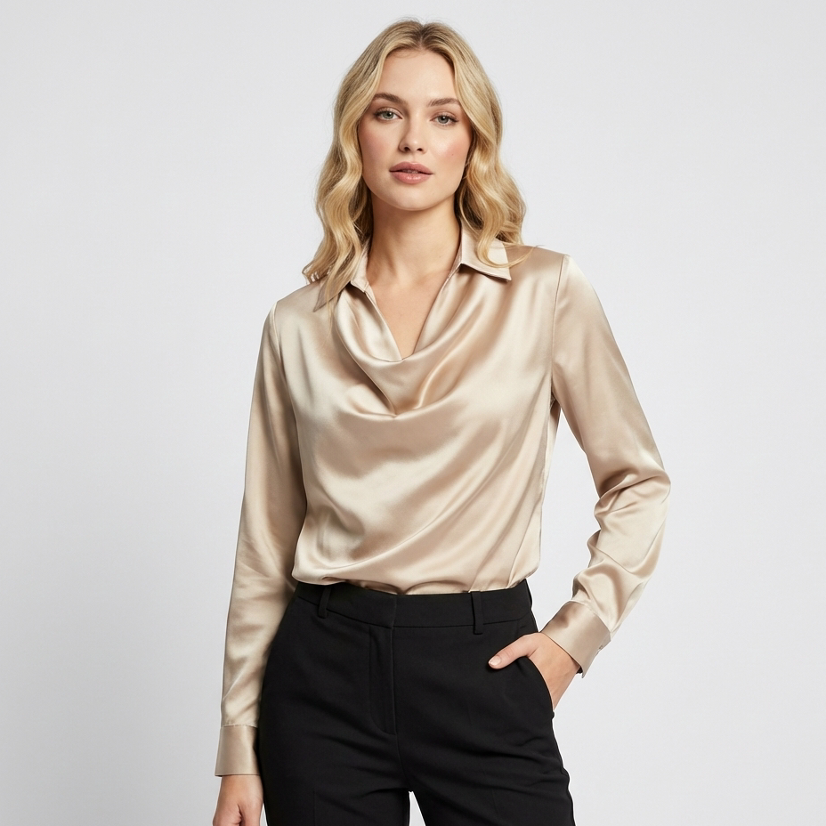 Satin Blouse – Draped Cowl Neck Top with Long Sleeves & Elegant Collar