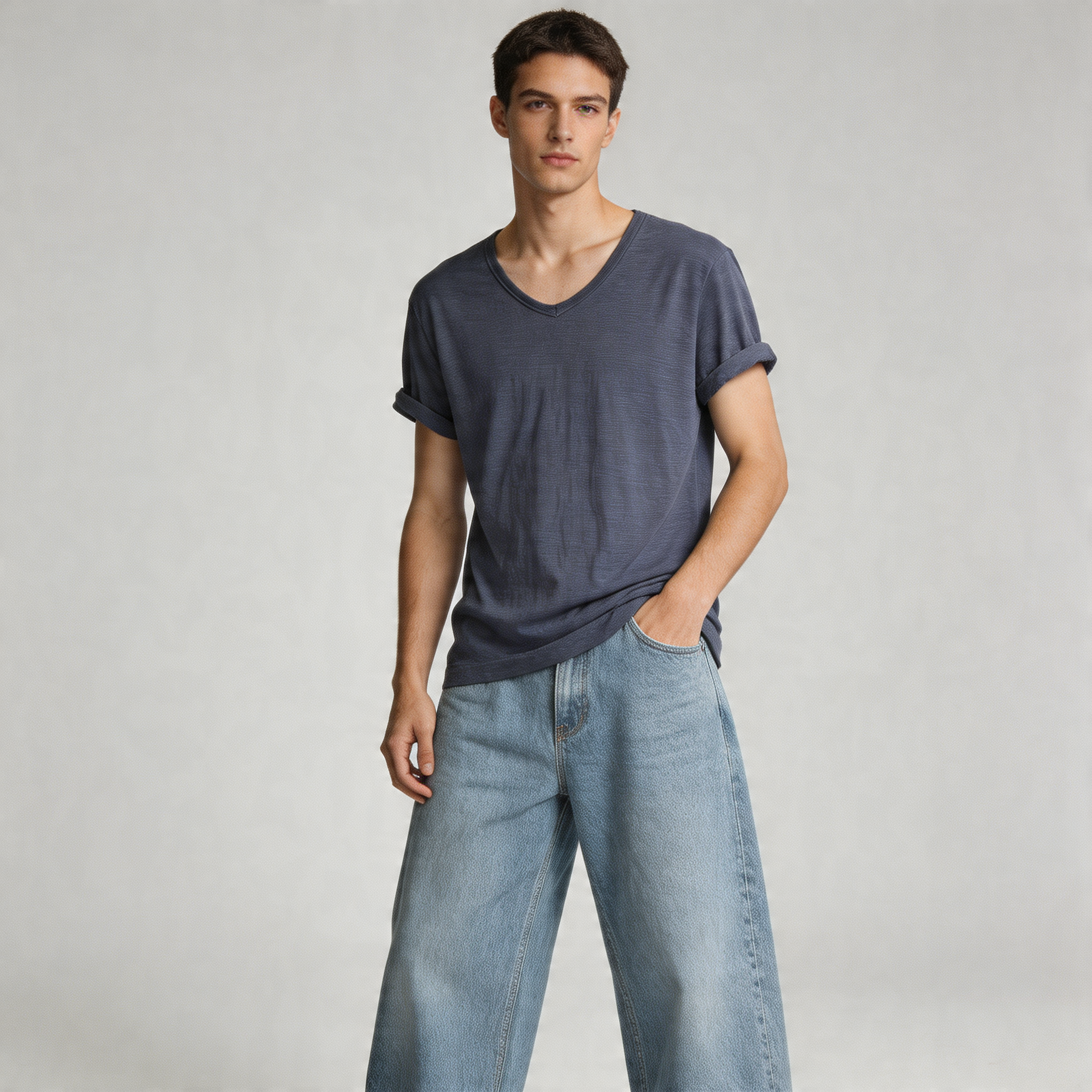 Men's V-Neck T-Shirt – Linen Cotton Blend with a Breathable Slim Fit