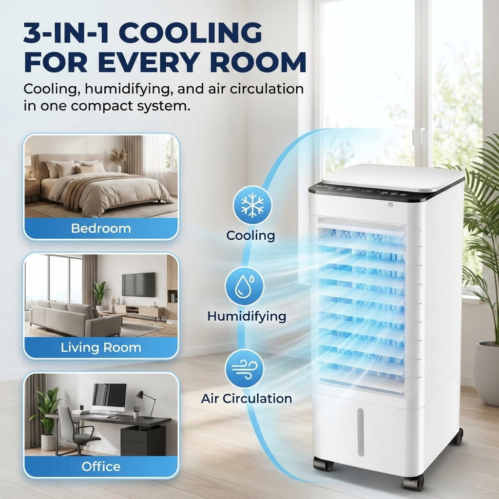 Portable Air Cooler – 3-in-1 Evaporative Cooling, Humidifier & Quiet Room Fan