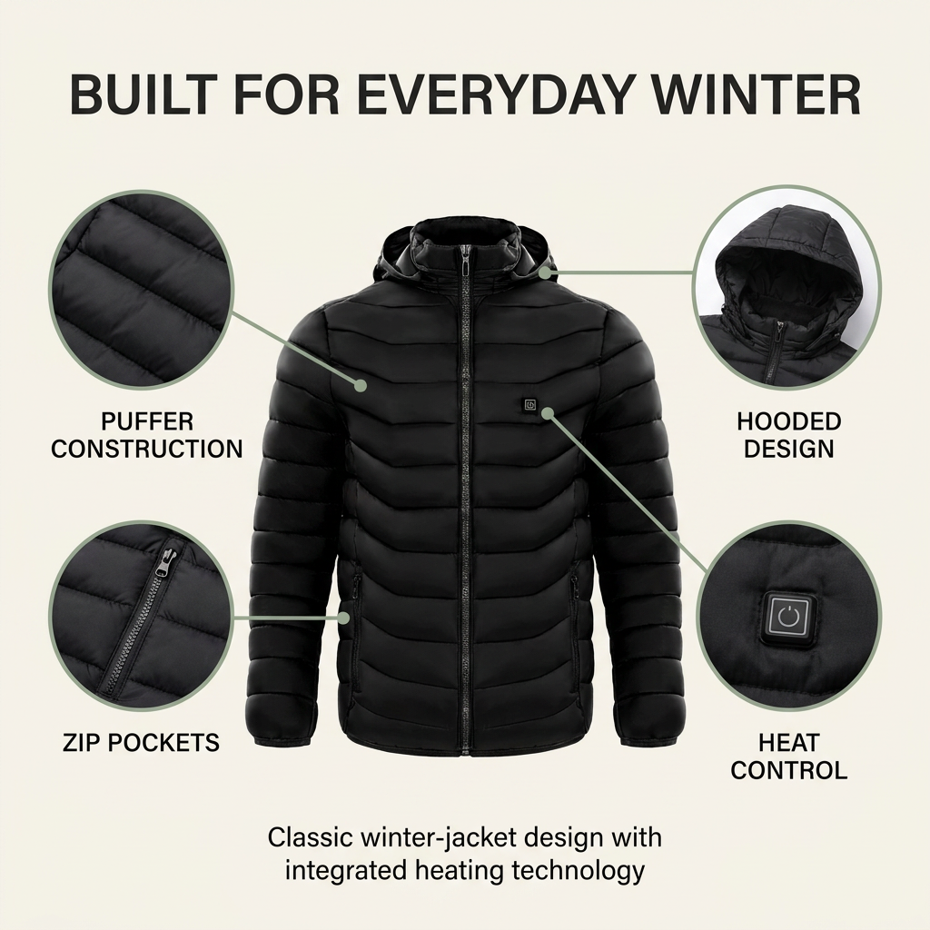 Verwarmde pufferjas heren – capuchon en meerdere warmtezones VestraGear