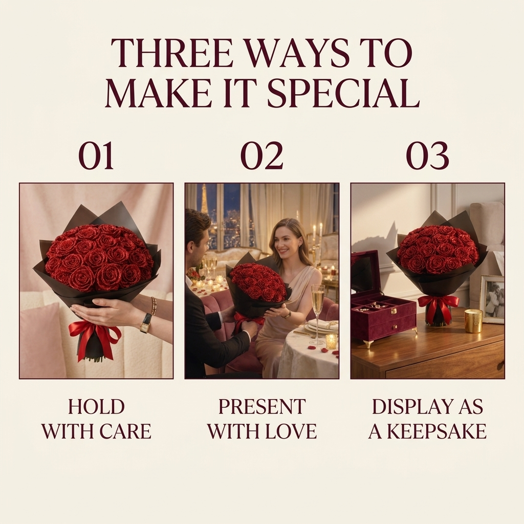 Luxe glitterrozenboeket – elegant romantisch cadeau in een luxe doos