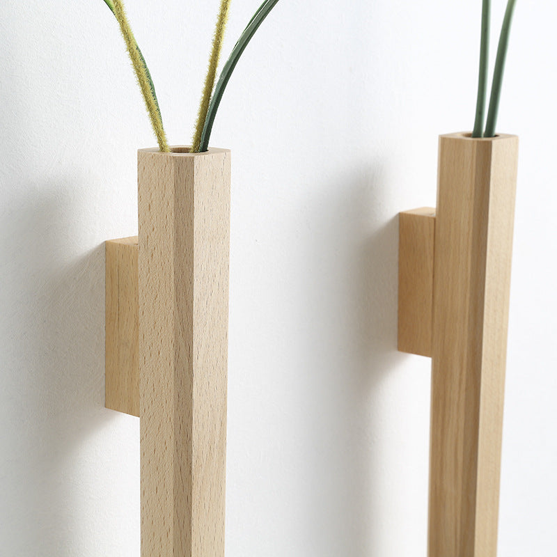 Ensemble de vases suspendus – Design mural en bois avec tube en verre intérieur pour une présentation florale minimaliste
