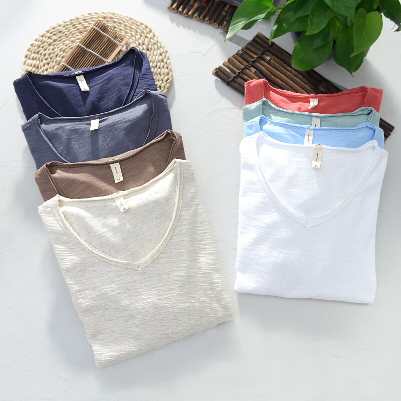 Men's V-Neck T-Shirt – Linen Cotton Blend with a Breathable Slim Fit