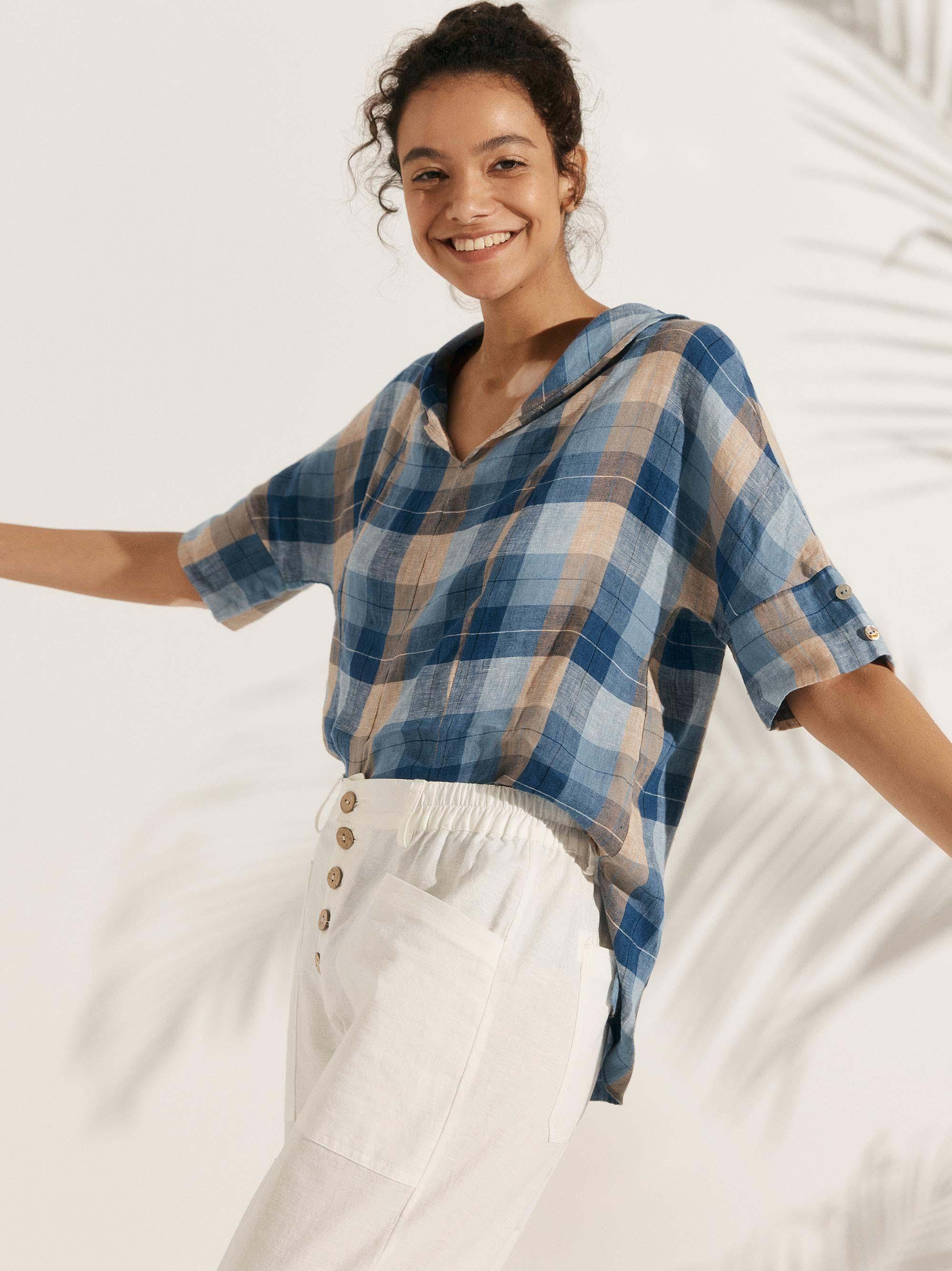 Chemise en lin aérée à col en V pour femmes | Haut d'été décontracté à manches courtes
