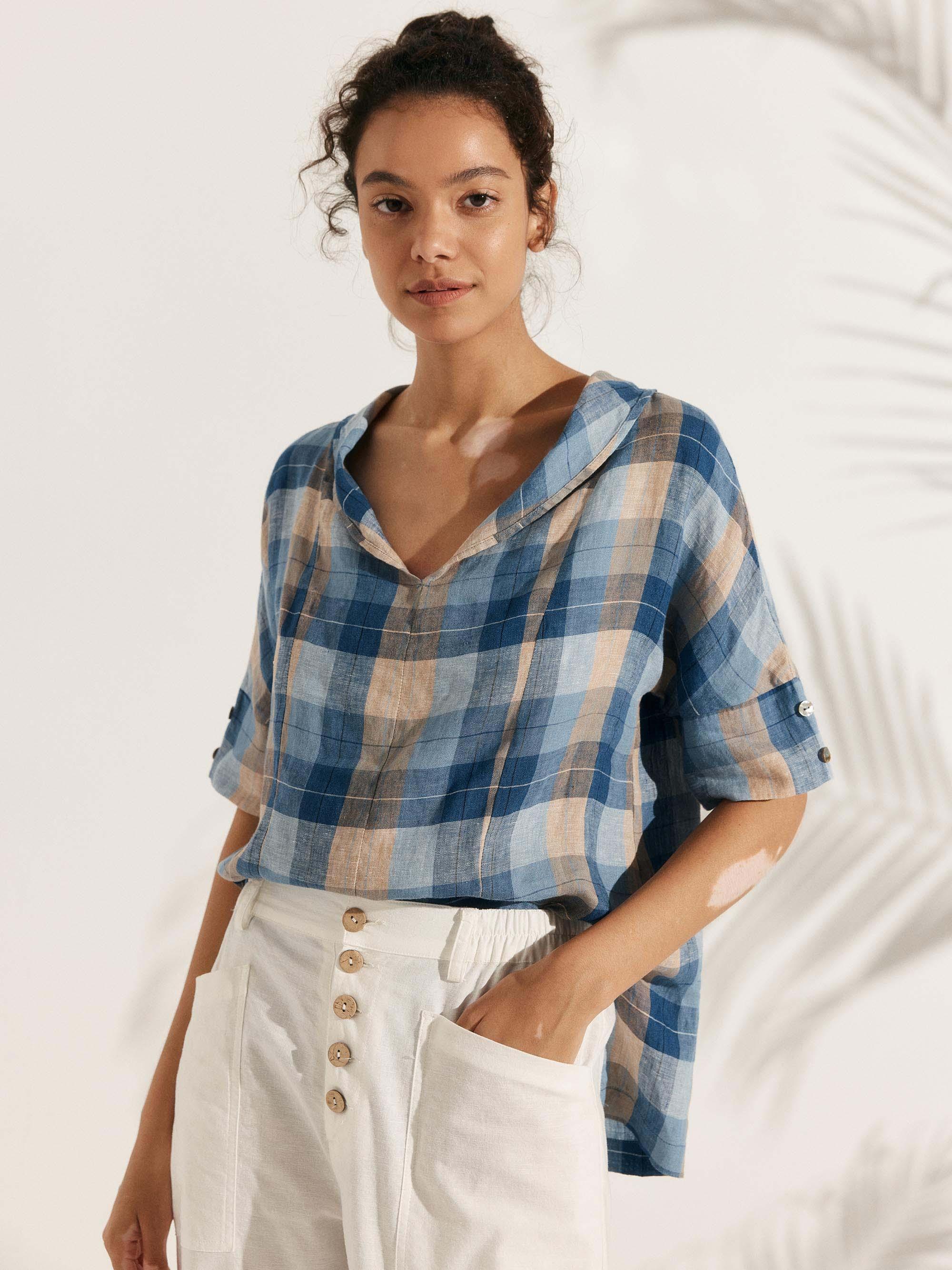 Chemise en lin aérée à col en V pour femmes | Haut d'été décontracté à manches courtes