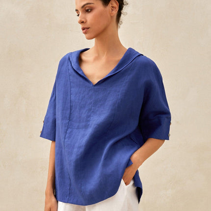 Women’s Airy Linen V-Neck Shirt | Short Sleeve Casual Summer Top