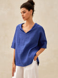 Chemise en lin aérée à col en V pour femmes | Haut d'été décontracté à manches courtes