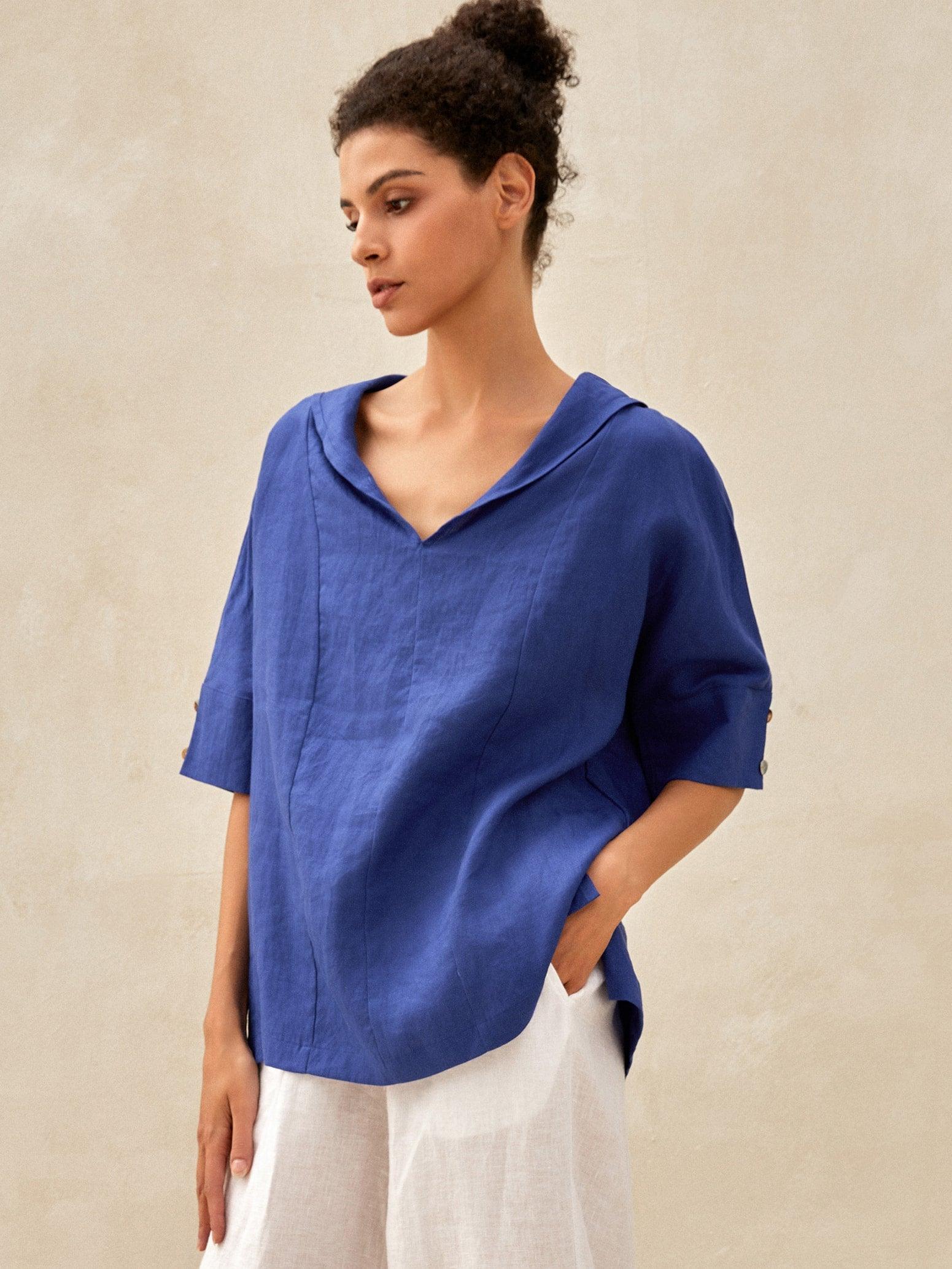 Women’s Airy Linen V-Neck Shirt | Short Sleeve Casual Summer Top